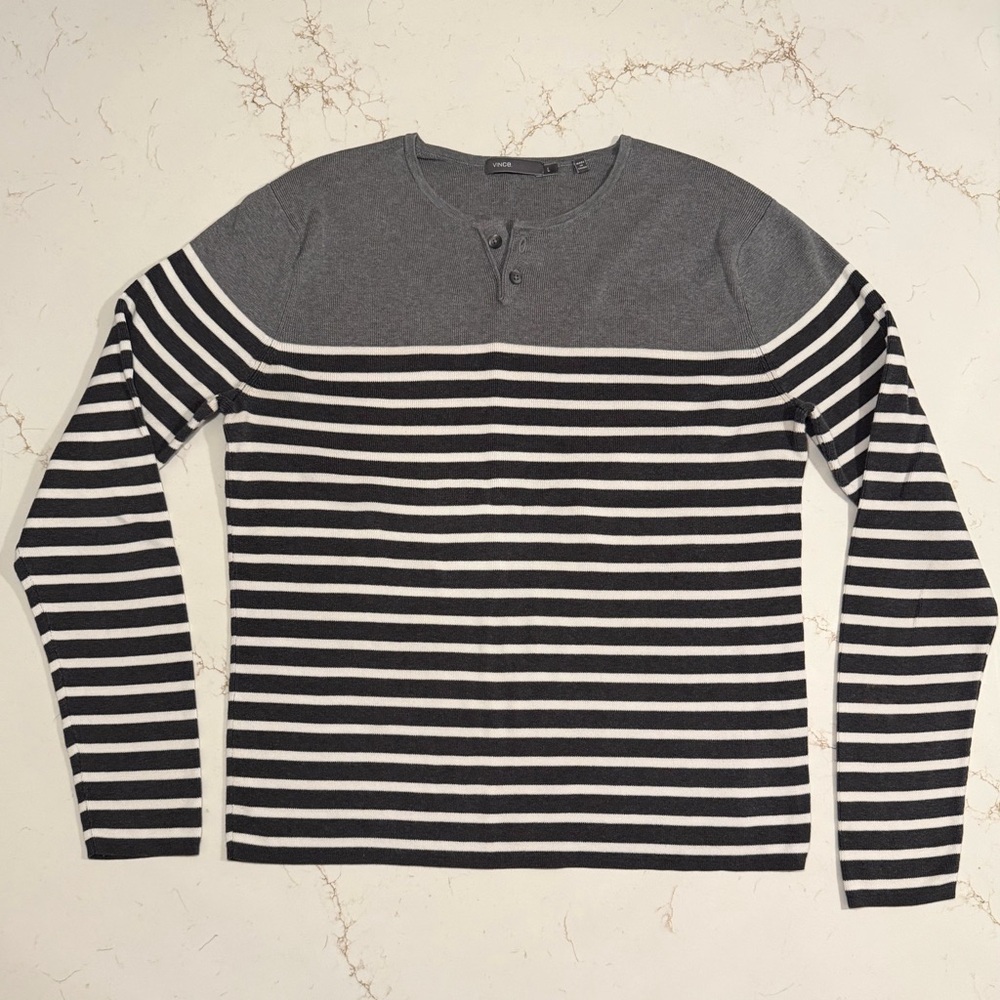 Vince Charcoal and White Striped Long Sleeve Tee